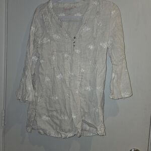 St. Tropez Beige Linen Striped Blouse with White Floral Accents